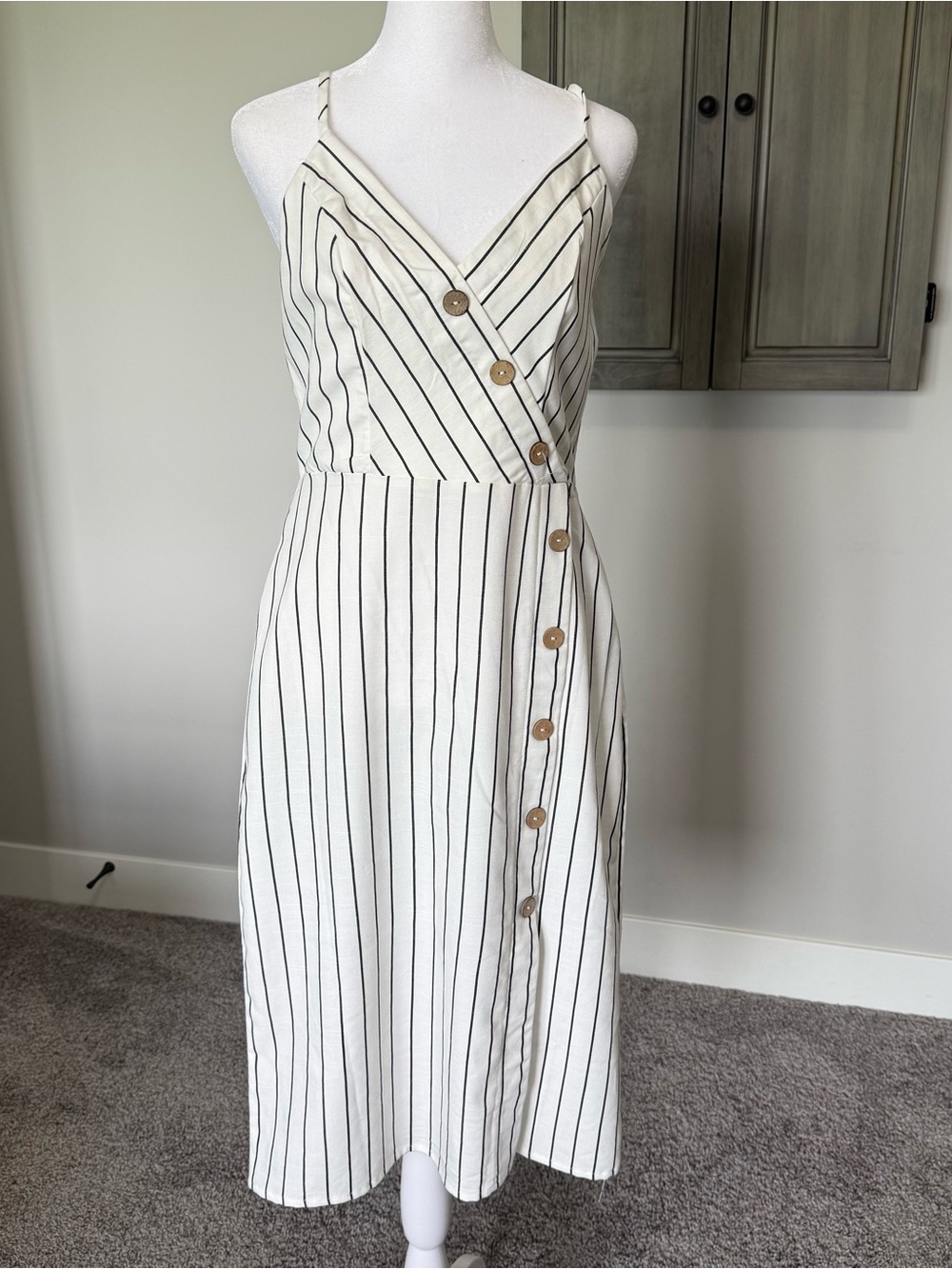 Sleeveless White Midi Dress with Black Stripes and Button Front